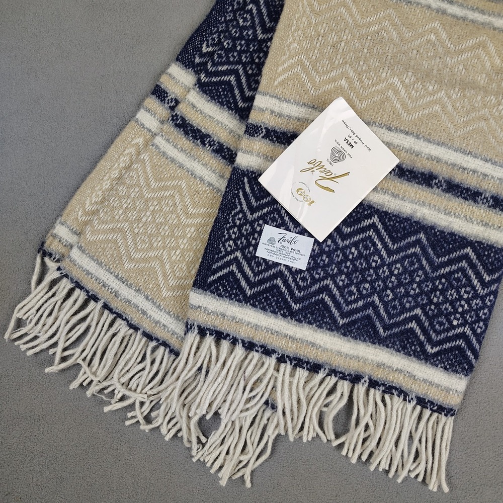 Vintage FARIBO 100% Wool Blanket MESA Blue Cream Southwest Fringe 50x60 NEW USA